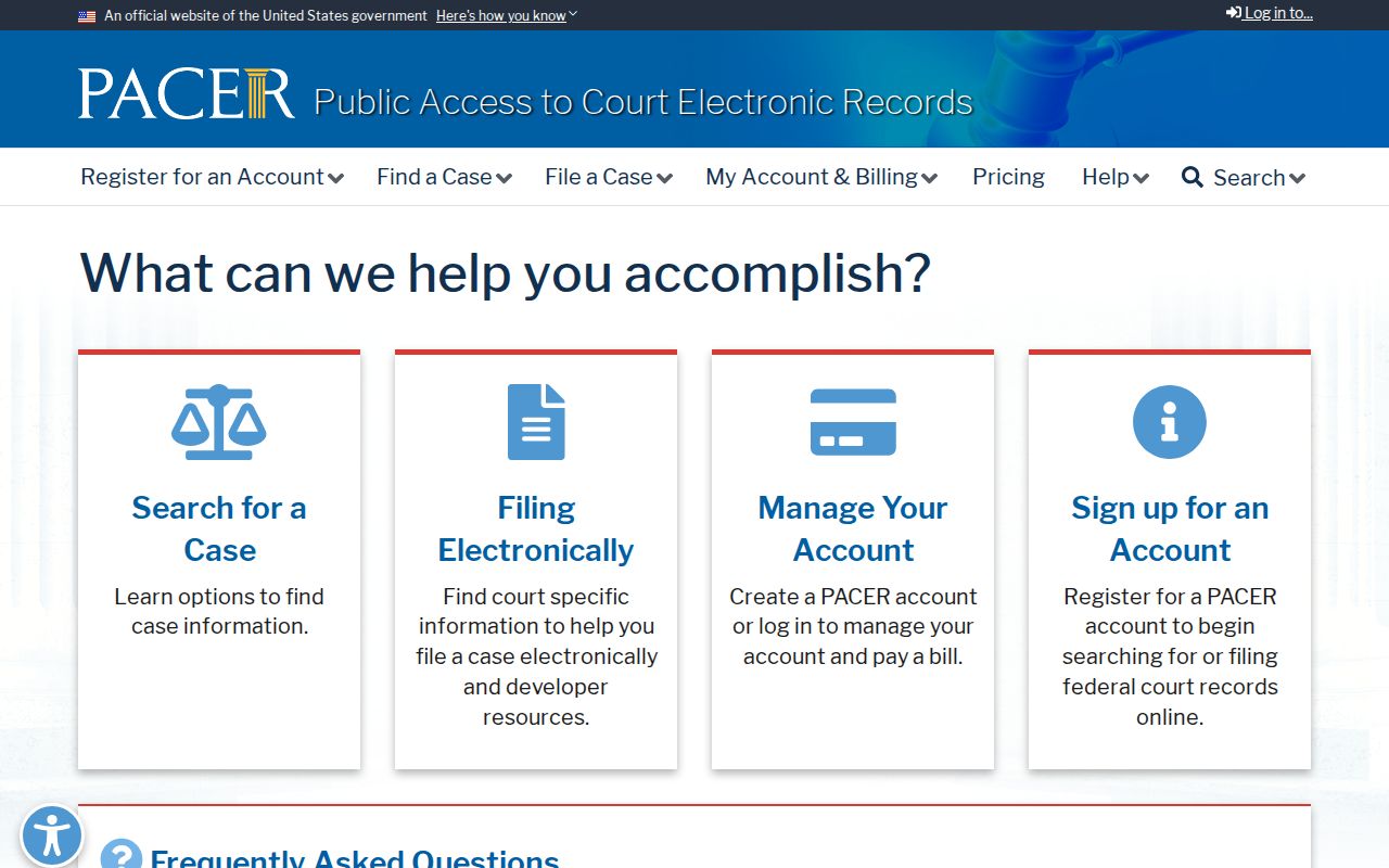 PACER federal court case search interface