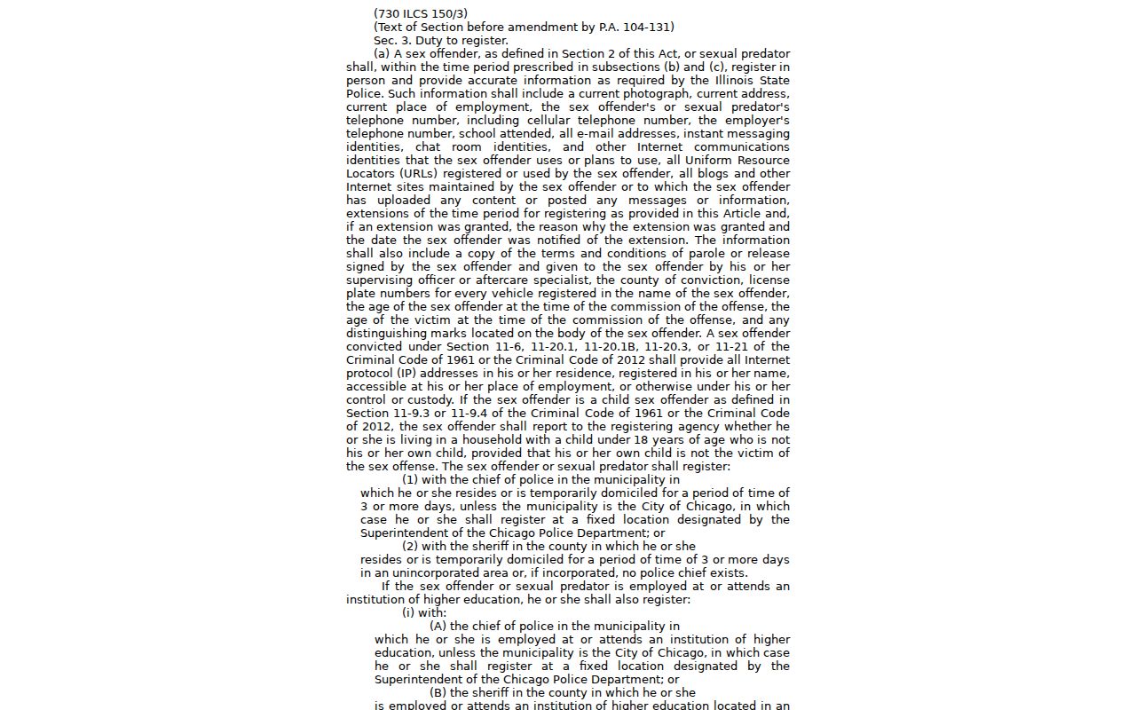 Illinois registration requirements under 730 ILCS 150 section 3